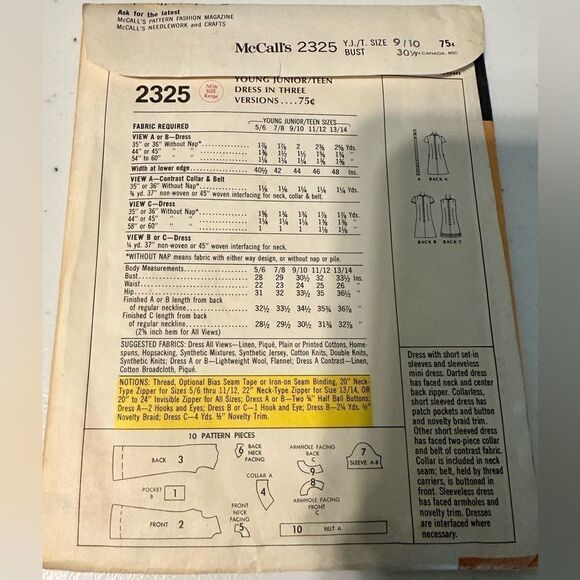 70s Dresses/Jumper  McCalls 2325 Sewing Pattern Young Jr/Teen Size 9/10 - Picture 3 of 3